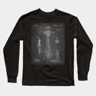 Windmill Patent - Farmer Rancher Country Farmhouse Art - Black Chalkboard Long Sleeve T-Shirt